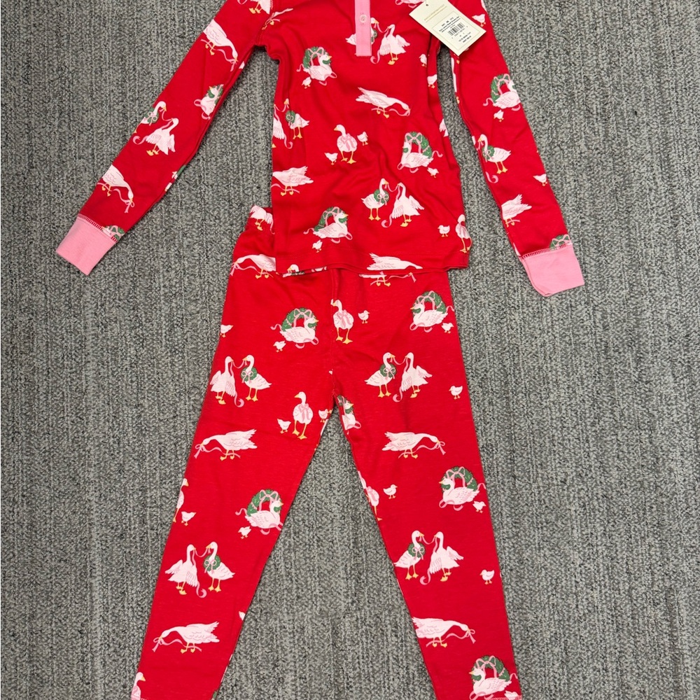 The Beaufort Bonnet Company Red Christmas Goose Pajama Set with Pink Accents
